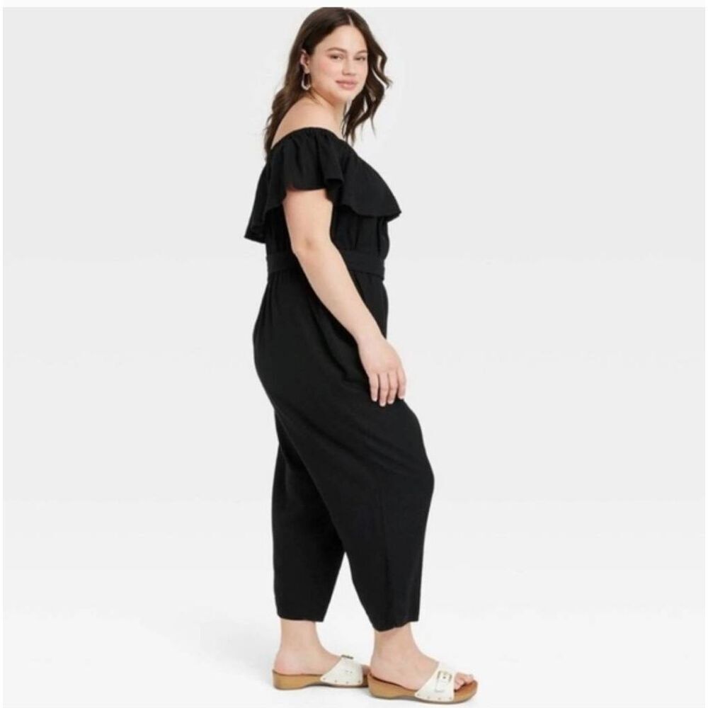 Ava & Viv Women's Plus Size Ruffle Short Sleeve Jumpsuit Black Boho - Picture 2 of 13
